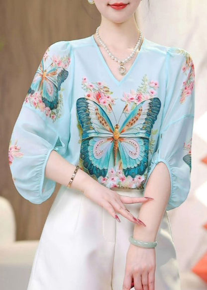 Bohemian Blue O-Neck Butterfly Print Chiffon Shirts Spring