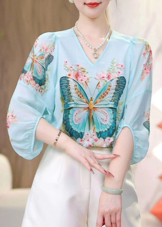 Bohemian Blue O-Neck Butterfly Print Chiffon Shirts Spring