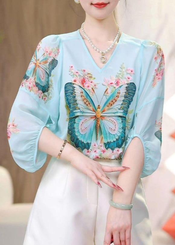 Blue O-neck Butterfly Print Chiffon Shirts Spring