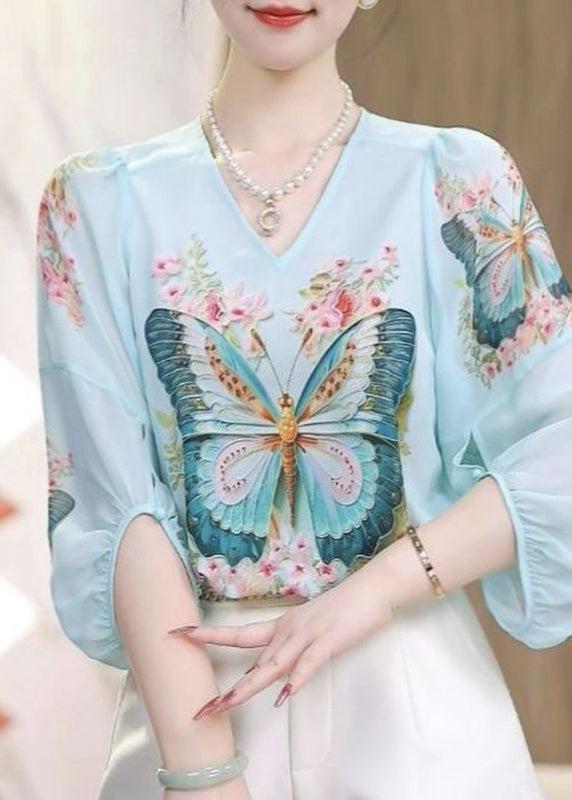 Blue O-neck Butterfly Print Chiffon Shirts Spring