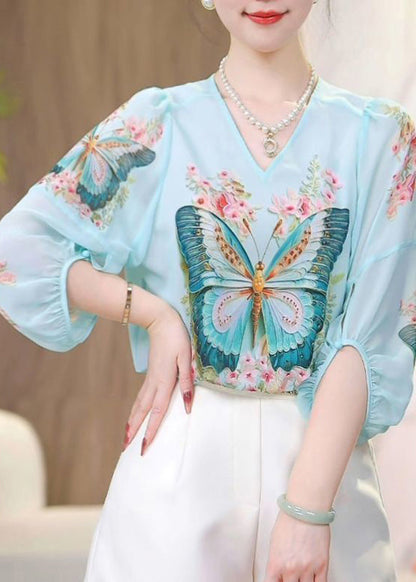 Bohemian Blue O-Neck Butterfly Print Chiffon Shirts Spring