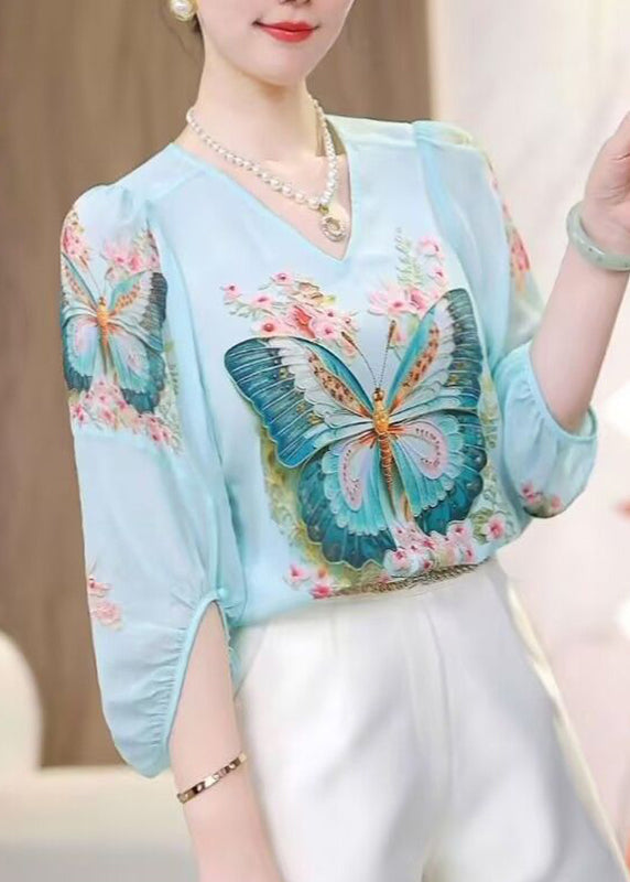 Blue O-neck Butterfly Print Chiffon Shirts Spring