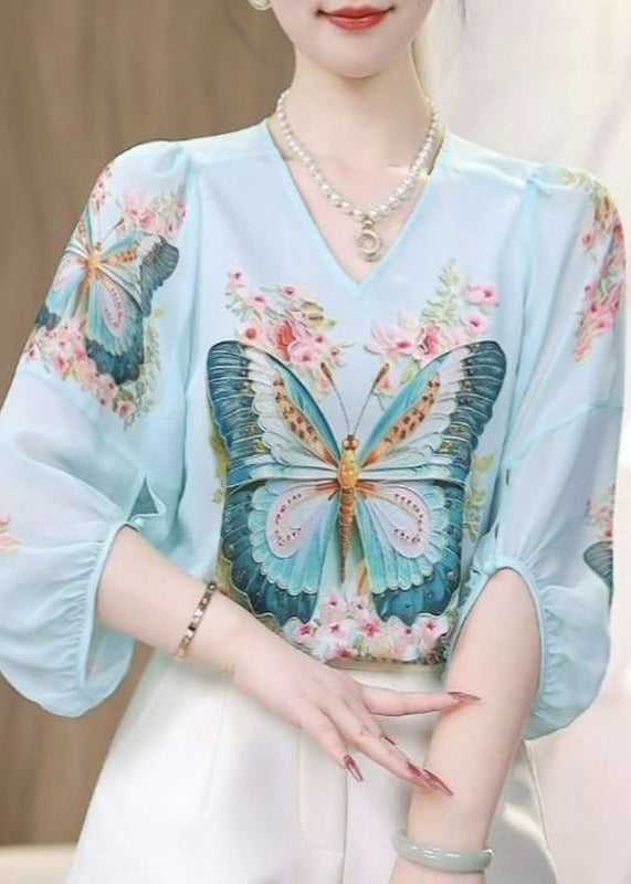 Bohemian Blue O-Neck Butterfly Print Chiffon Shirts Spring