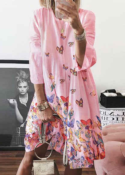 Blue O Neck Butterfly Print Cotton Mid Dress Summer