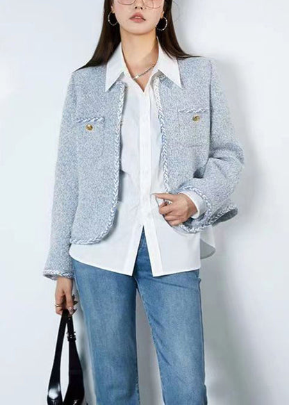 Blue O Neck Button Patchwork Cotton Coats Fall