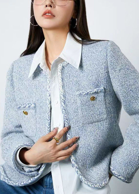 Blue O Neck Button Patchwork Cotton Coats Fall