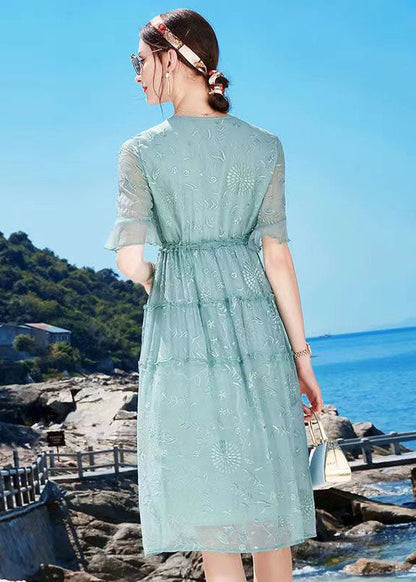 Blue O-neck Embroideried Ruffled Tie Waist Silk Dress Summer