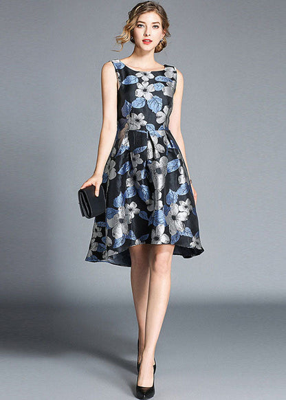 Blue O Neck Jacquard Patchwork Cotton Mid Dress Sleeveless