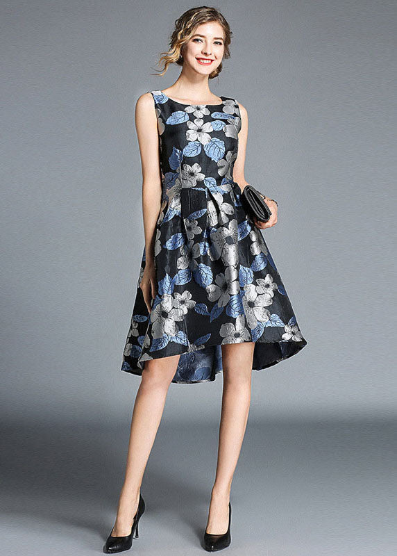 Blue O Neck Jacquard Patchwork Cotton Mid Dress Sleeveless