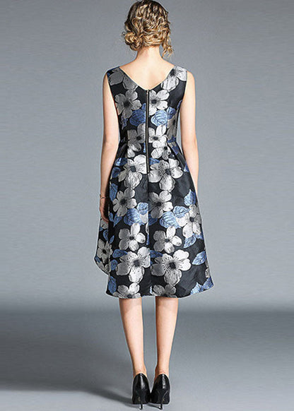 Blue O Neck Jacquard Patchwork Cotton Mid Dress Sleeveless