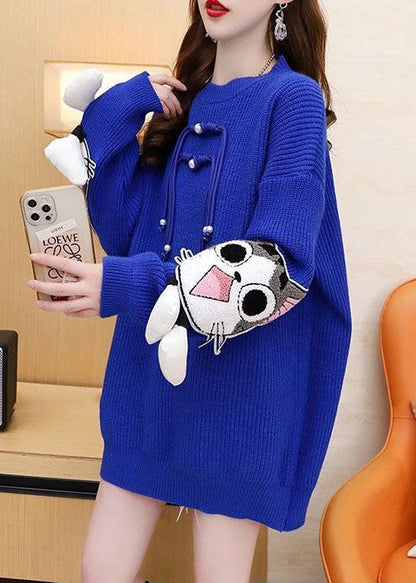 Blue O-neck Oversized Tassel Knit Sweater Dress Winter