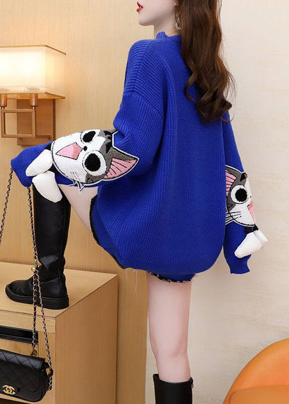 Blue O-neck Oversized Tassel Knit Sweater Dress Winter