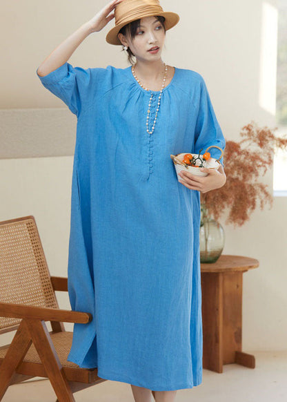 Blue O Neck Patchwork Linen Dresses Bracelet Sleeve
