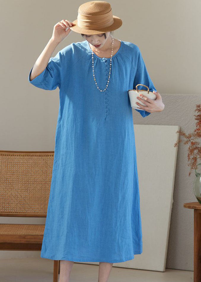Blue O Neck Patchwork Linen Dresses Bracelet Sleeve