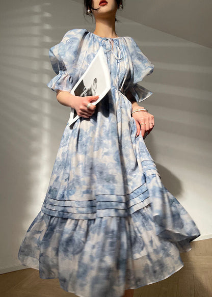 Blue O Neck Patchwork Print Chiffon Dresses Summer