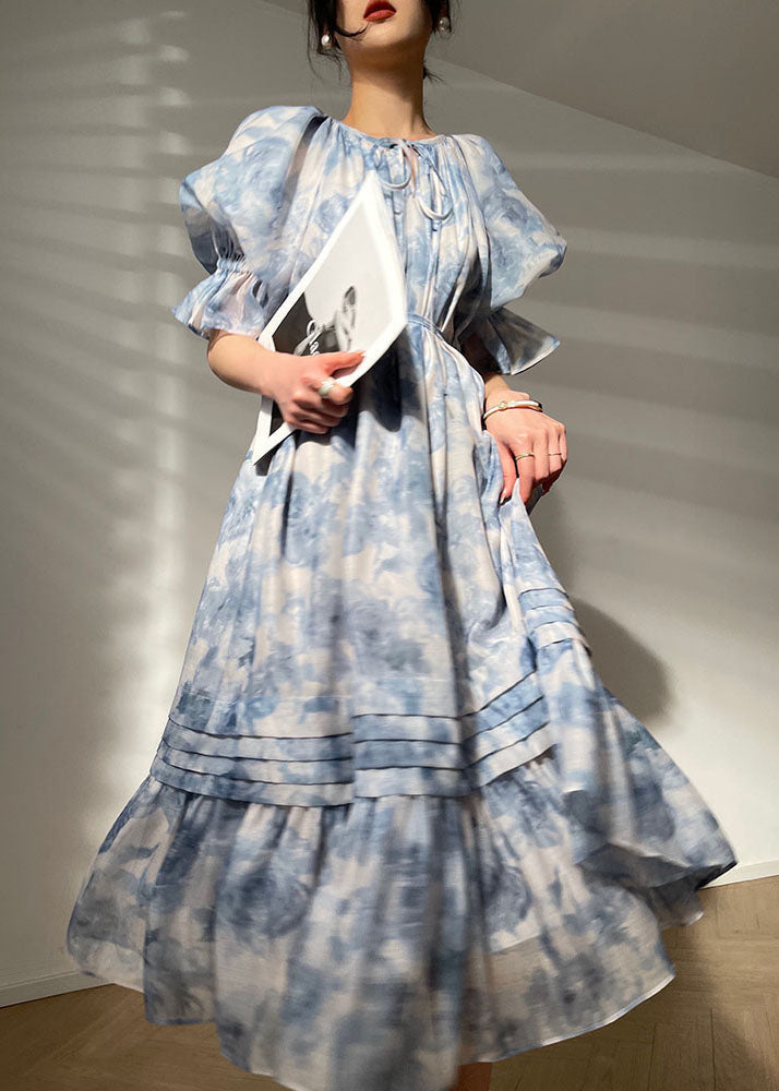 Blue O Neck Patchwork Print Chiffon Dresses Summer