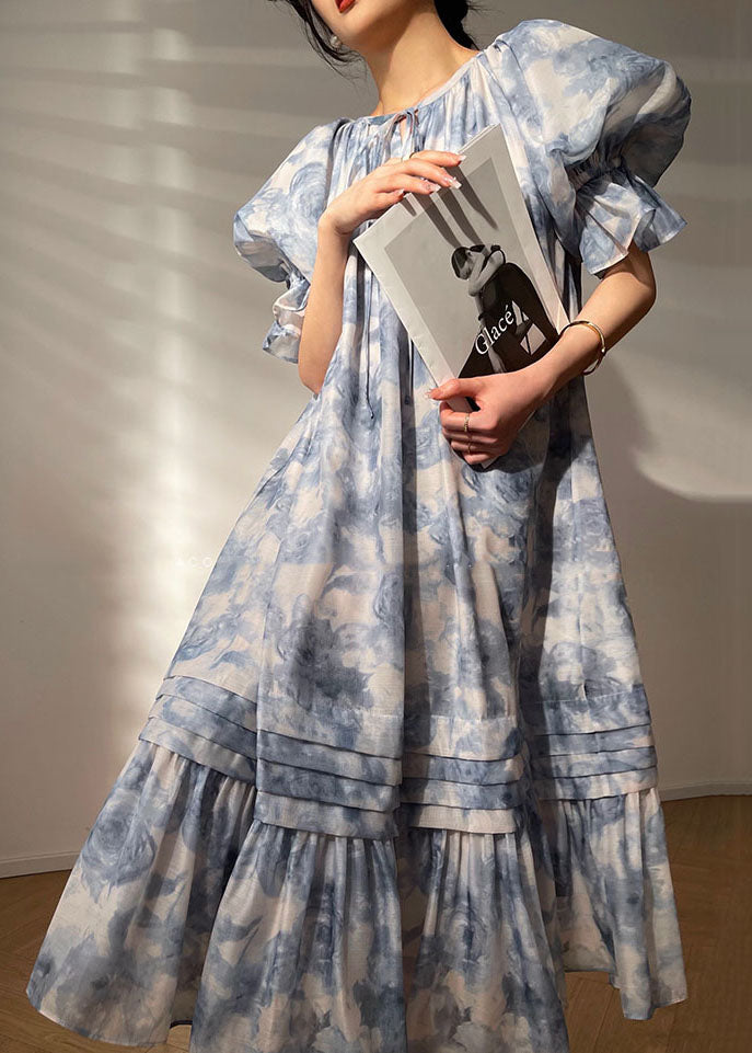 Blue O Neck Patchwork Print Chiffon Dresses Summer