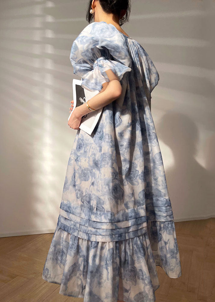 Blue O Neck Patchwork Print Chiffon Dresses Summer