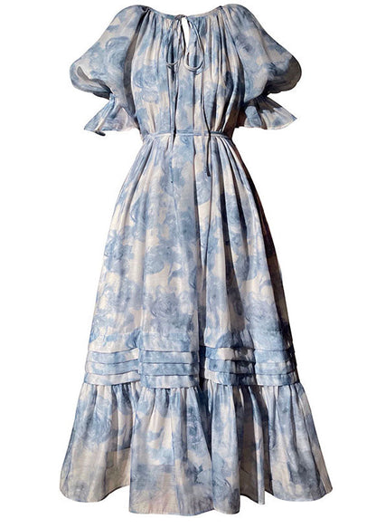 Blue O Neck Patchwork Print Chiffon Dresses Summer