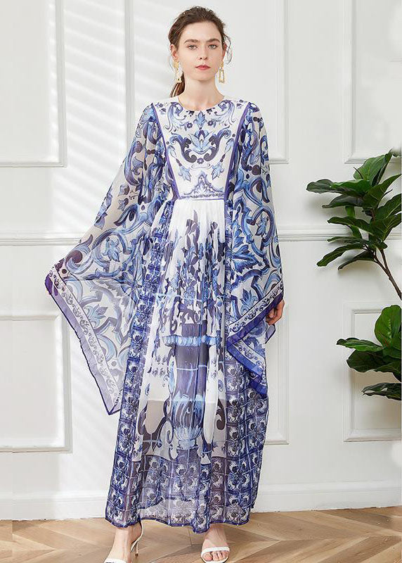 Blue O-neck Print Chiffon Maxi Dress Cloak Sleeves