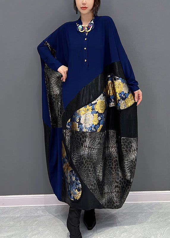 Blue O-neck Print Patchwork Button Long Dress Fall