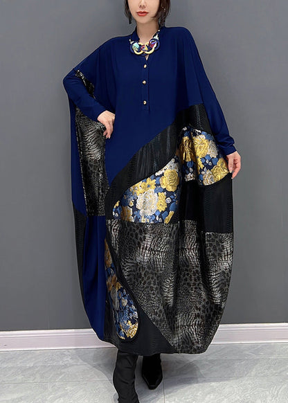 Blue O-neck Print Patchwork Button Long Dress Fall