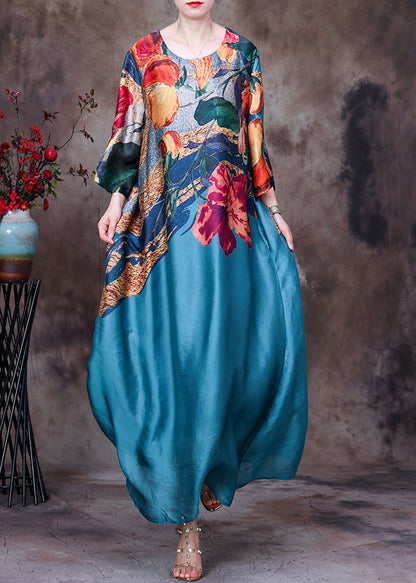 Blue O-neck Print Silk Party Dress Long Sleeve