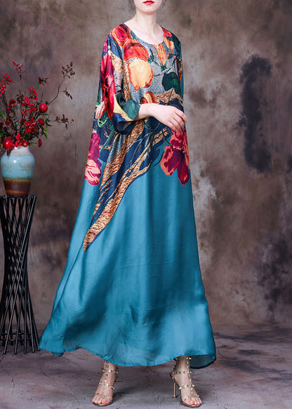 Blue O-neck Print Silk Party Dress Long Sleeve