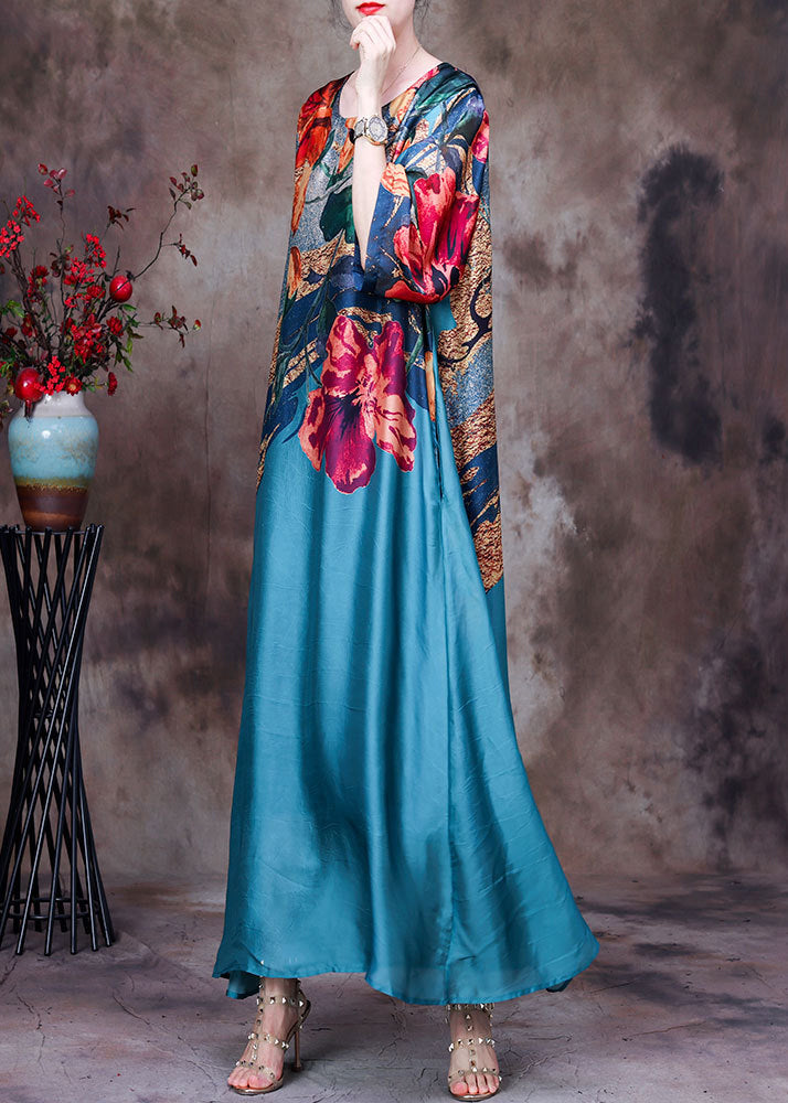Blue O-neck Print Silk Party Dress Long Sleeve