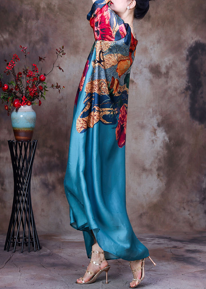 Blue O-neck Print Silk Party Dress Long Sleeve