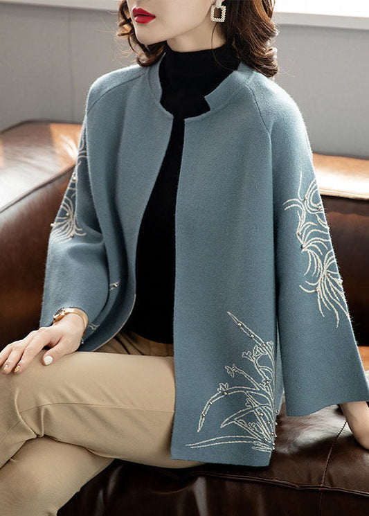 Blue O-neck Print Woolen Loose Coat Long Sleeve