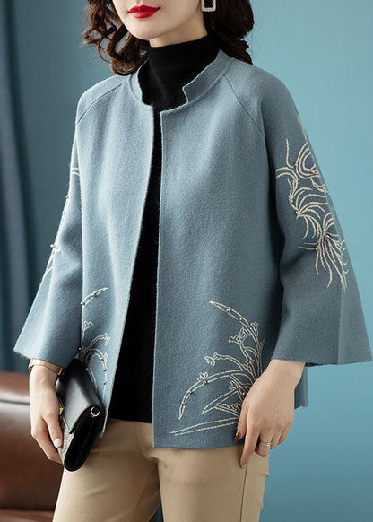 Blue O-neck Print Woolen Loose Coat Long Sleeve