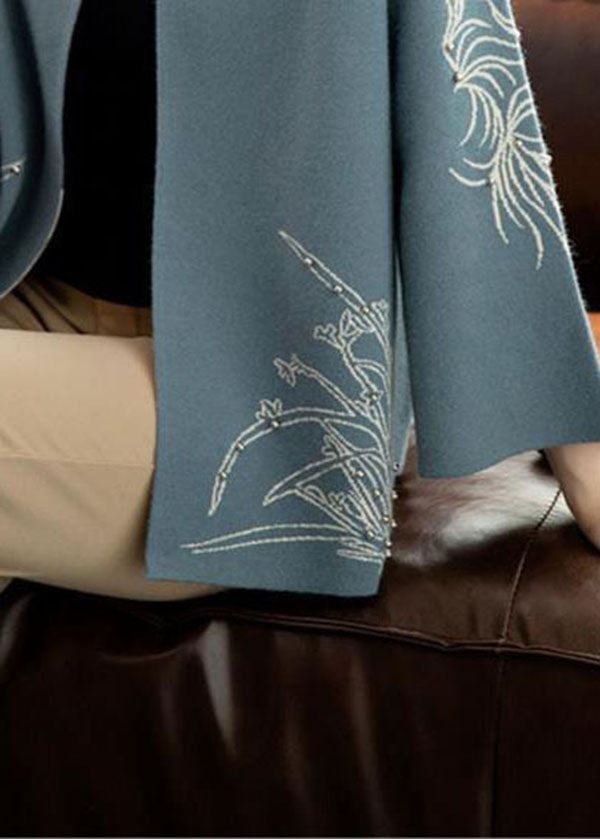 Blue O-neck Print Woolen Loose Coat Long Sleeve
