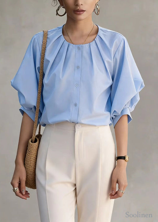Blue O-neck Wrinkled Cotton Shirt Top Lantern Sleeve