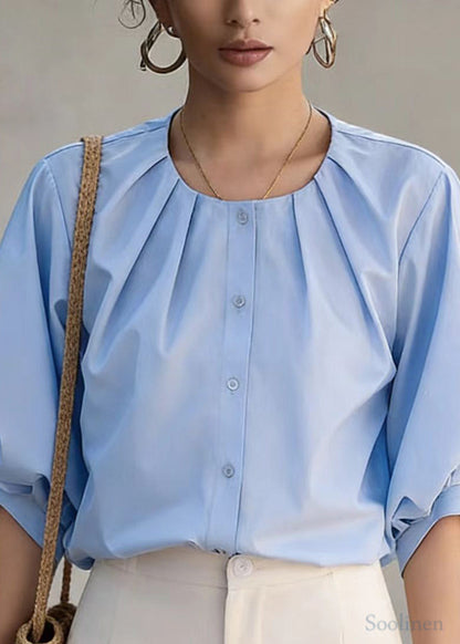 Blue O-neck Wrinkled Cotton Shirt Top Lantern Sleeve