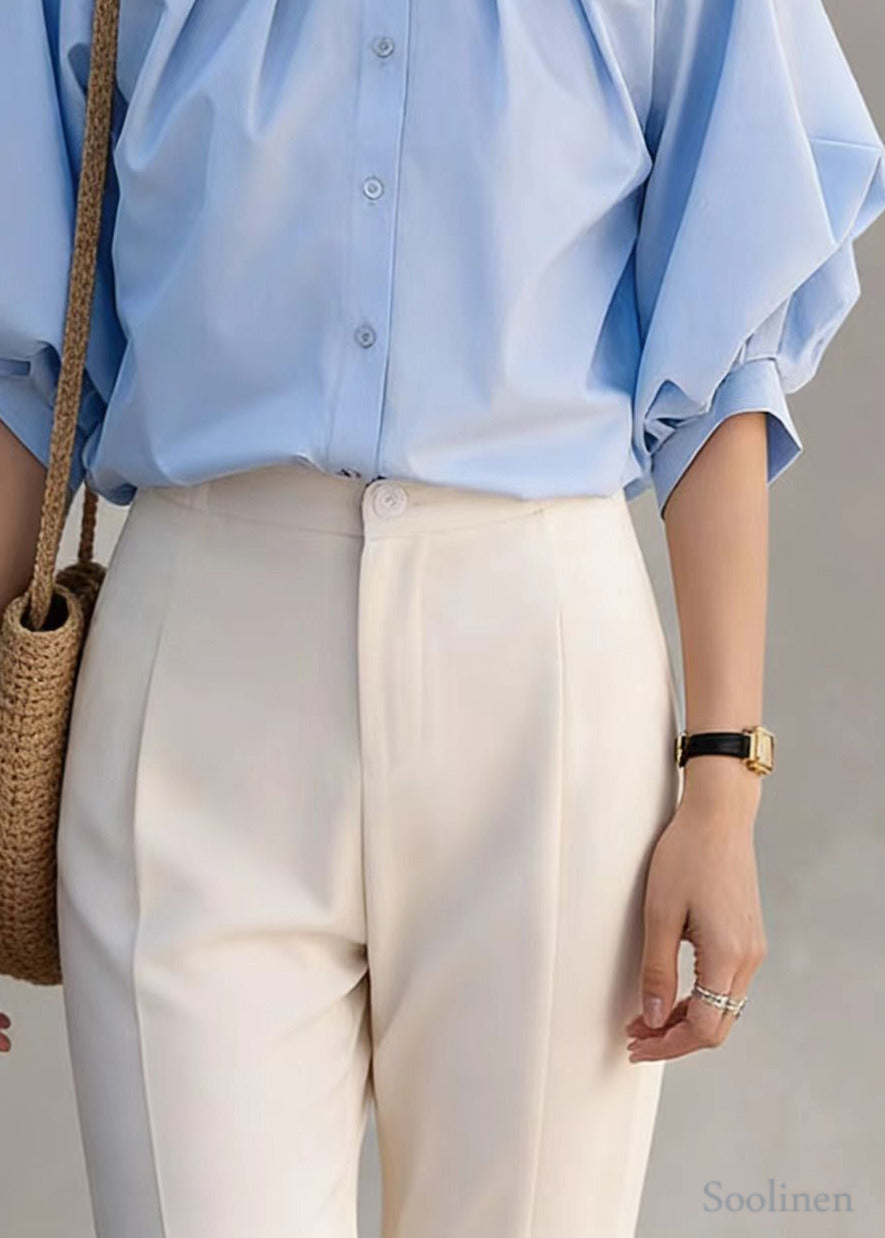 Blue O-neck Wrinkled Cotton Shirt Top Lantern Sleeve