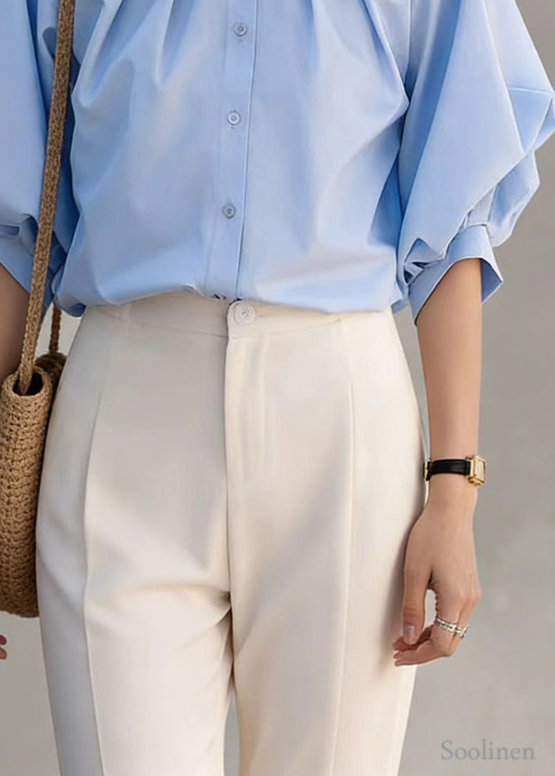 Blue O-neck Wrinkled Cotton Shirt Top Lantern Sleeve