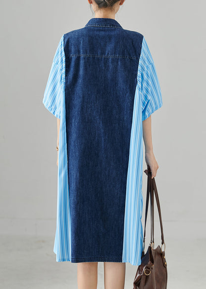 Blue Oversized Patchwork Striped Denim Dresses Summer