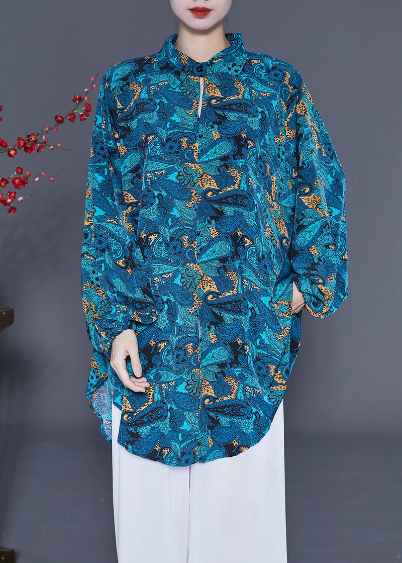 Blue Oversized Print Chiffon Shirt Summe