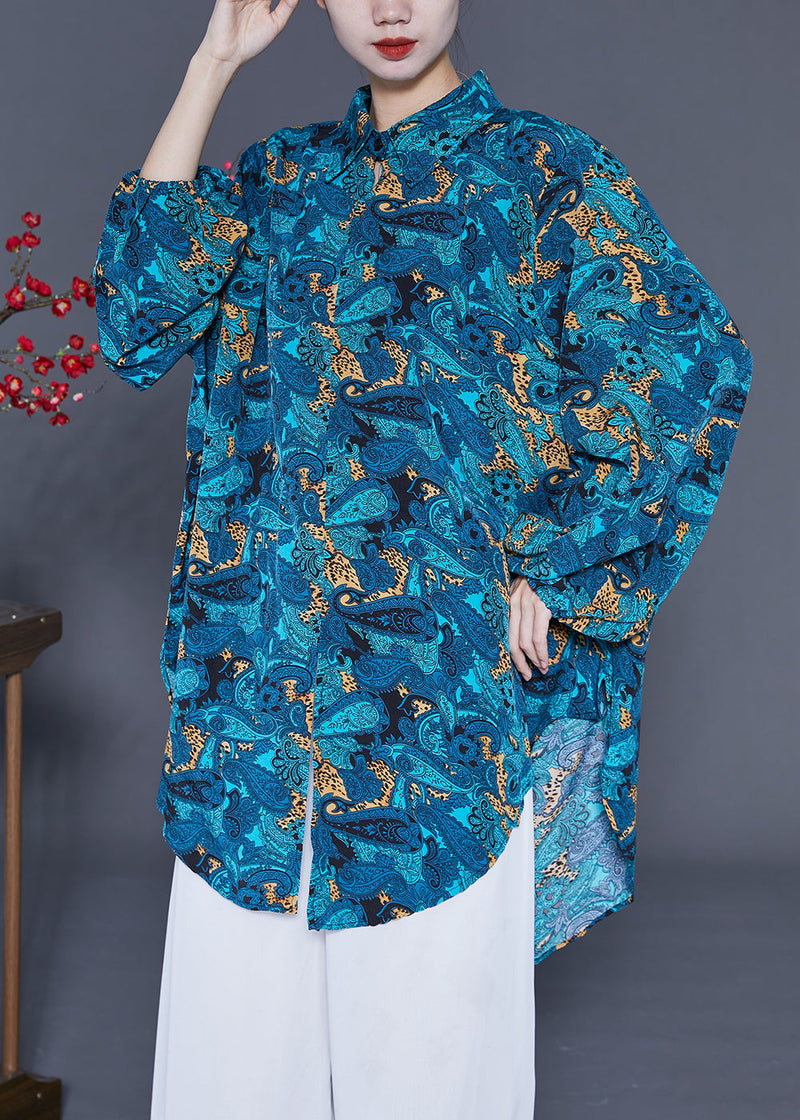 Blue Oversized Print Chiffon Shirt Summe