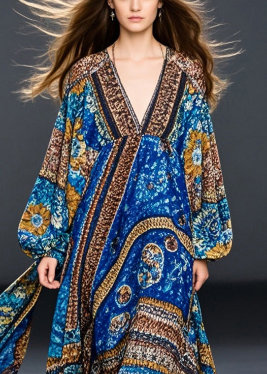 Blue Oversized Print Cotton Maxi Dresses Spring