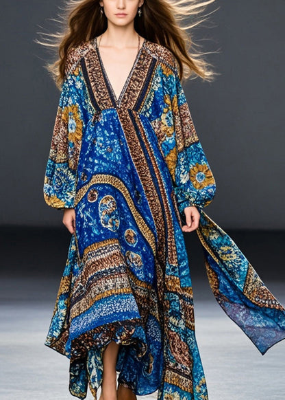 Blue Oversized Print Cotton Maxi Dresses Spring