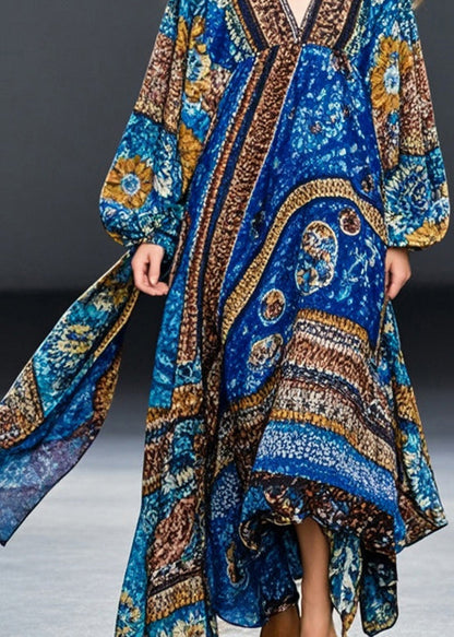 Blue Oversized Print Cotton Maxi Dresses Spring