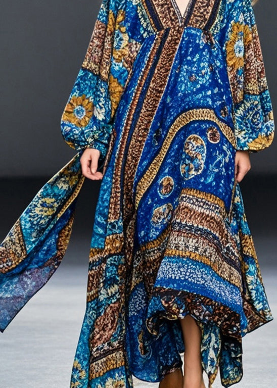 Blue Oversized Print Cotton Maxi Dresses Spring
