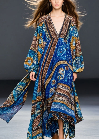 Blue Oversized Print Cotton Maxi Dresses Spring