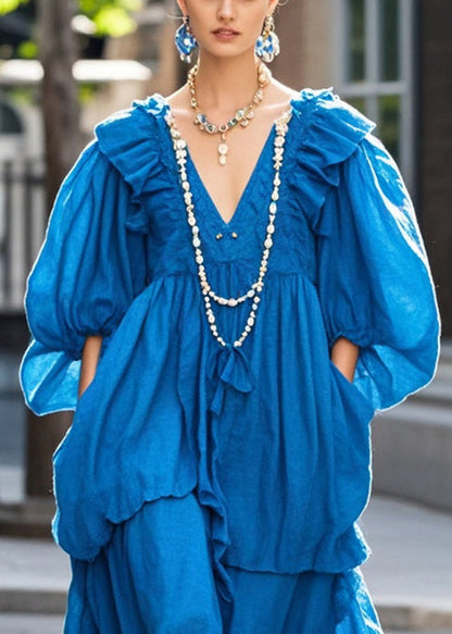 Blue Oversized Ruffles Cotton Long Dress Spring