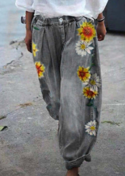 Blue Oversized Sunflower Print Denim Harem Pants Summer