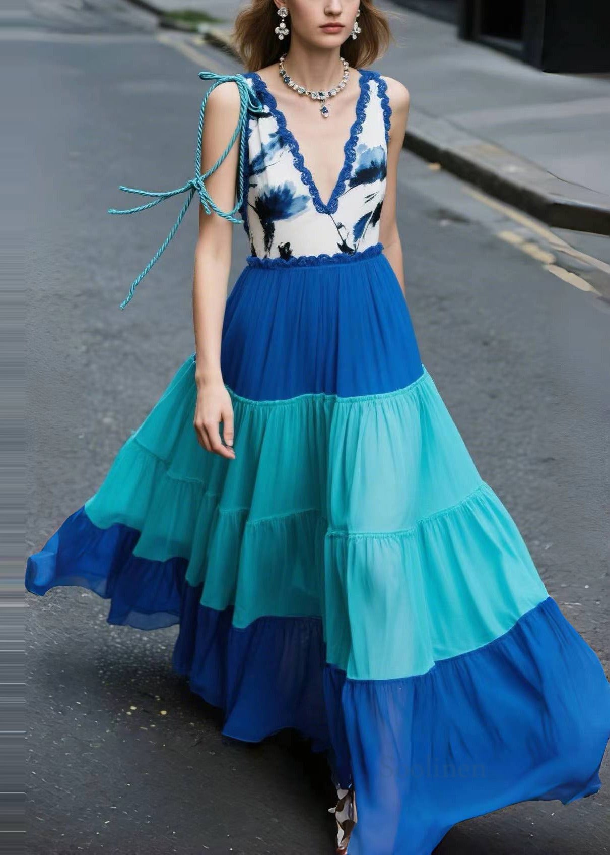 Blue Patchwork Print Chiffon Beach Dress Summer