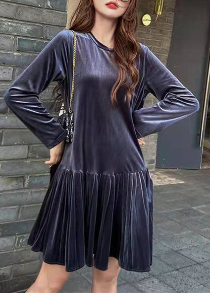 Blue Patchwork Velour Pleated Skirt Spring
