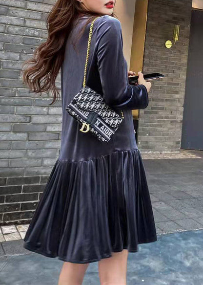 Blue Patchwork Velour Pleated Skirt Spring